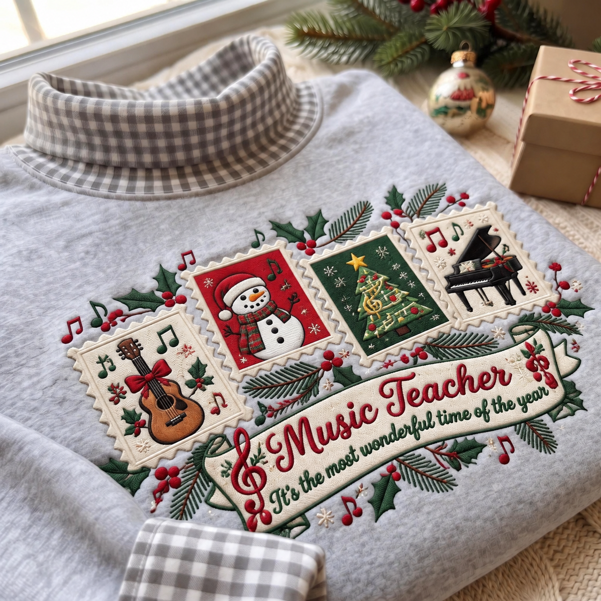 Music Teacher It's The Most Wonderful Time Of The Year HG AI Gingham Mock Neck Sweatshirt, Embroidered Christmas Stam