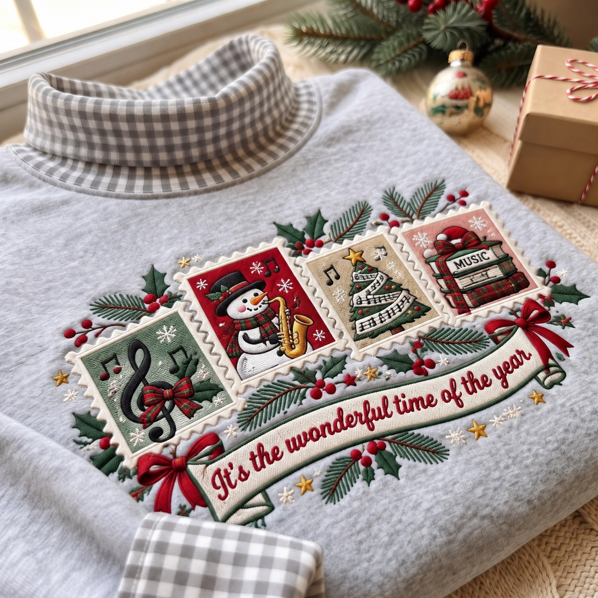 Music Student It's The Most Wonderful Time Of The Year HG AI Gingham Mock Neck Sweatshirt, Embroidered Christmas Stam