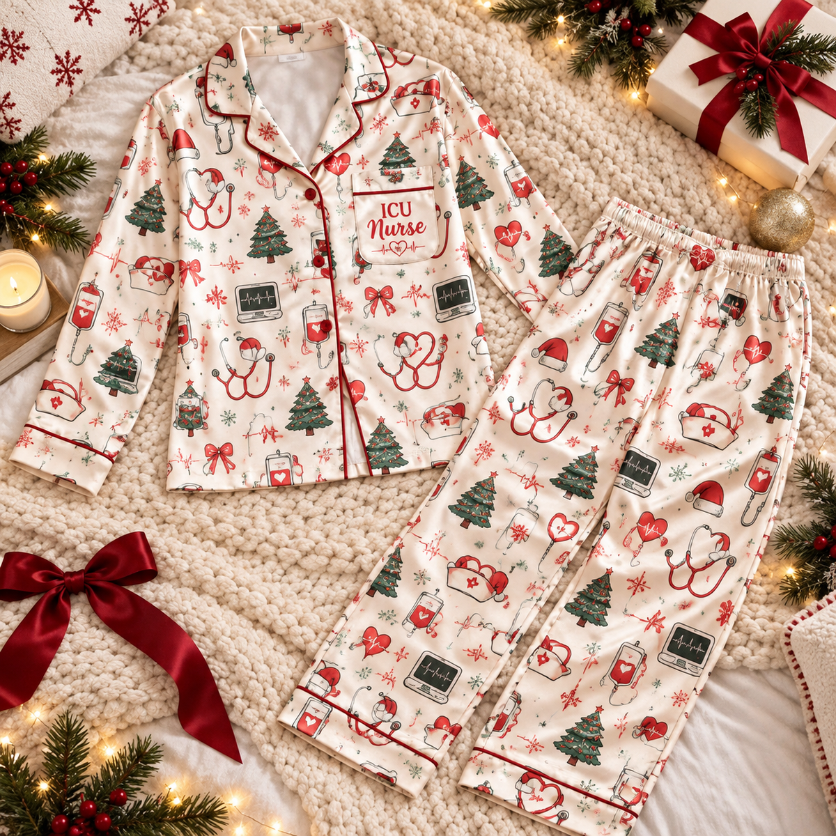 ICU Nurse Christmas Satin Pajama Set, HG AI Christmas PJs Sets, Christmas Pajamas, Holiday Pajama Set, Family Long