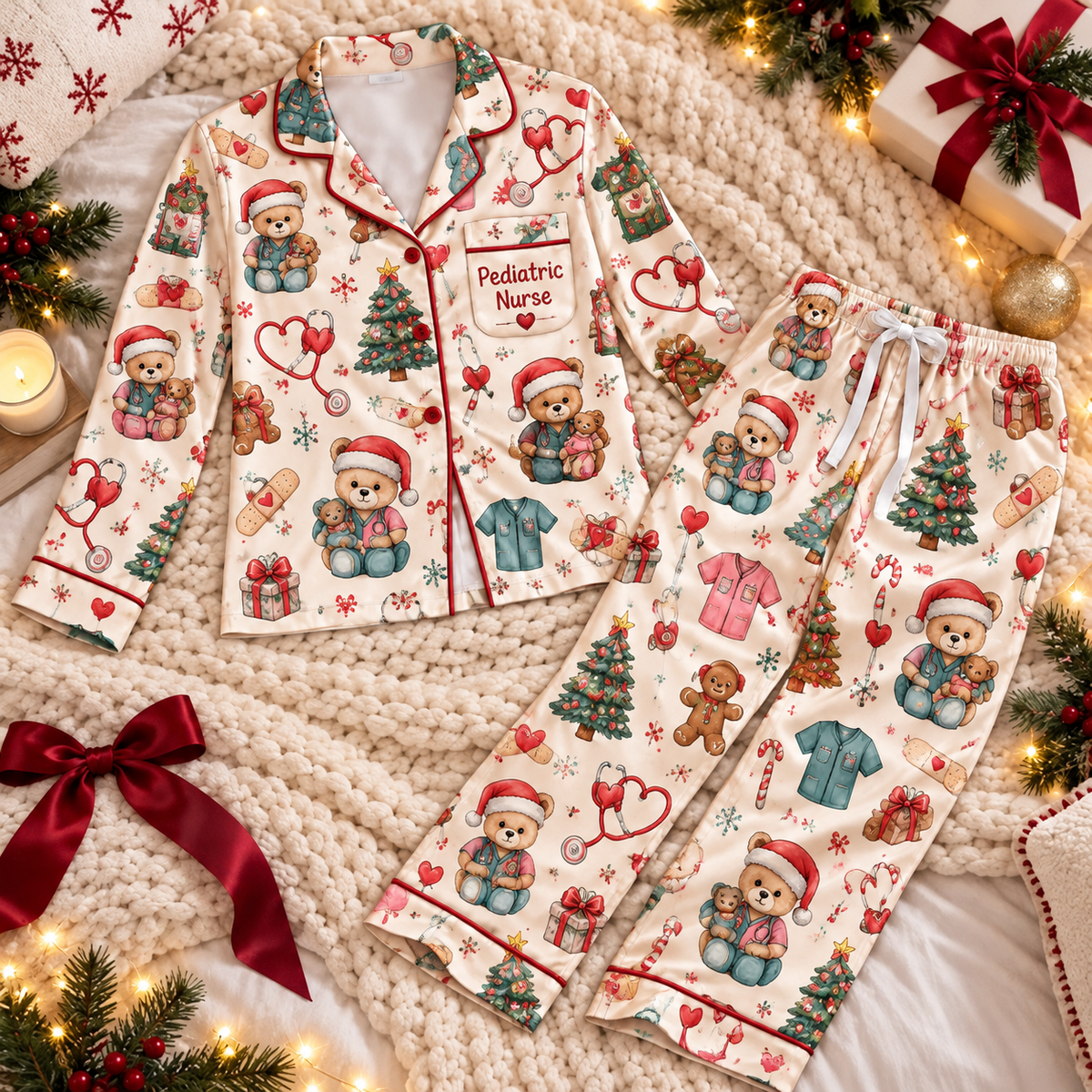 Pediatric Nurse Christmas Satin Pajama Set, HG AI Christmas PJs Sets, Christmas Pajamas, Holiday Pajama Set, Family Long