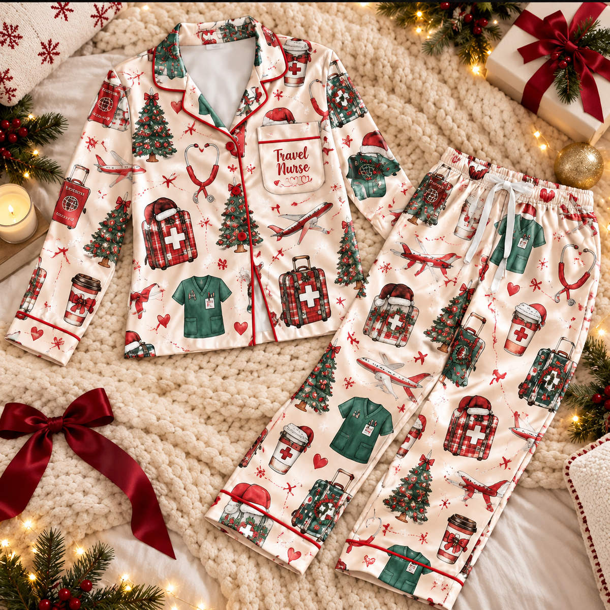 Travel Nurse Christmas Satin Pajama Set, HG AI Christmas PJs Sets, Christmas Pajamas, Holiday Pajama Set, Family Long