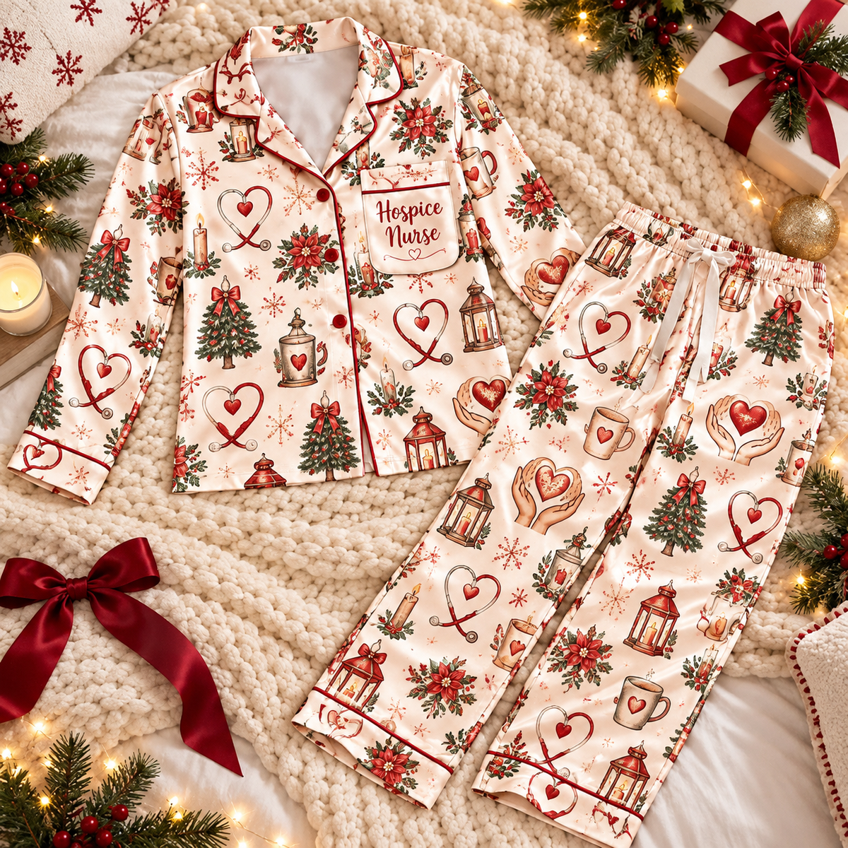 Hospice Nurse Christmas Satin Pajama Set, HG AI Christmas PJs Sets, Christmas Pajamas, Holiday Pajama Set, Family Long