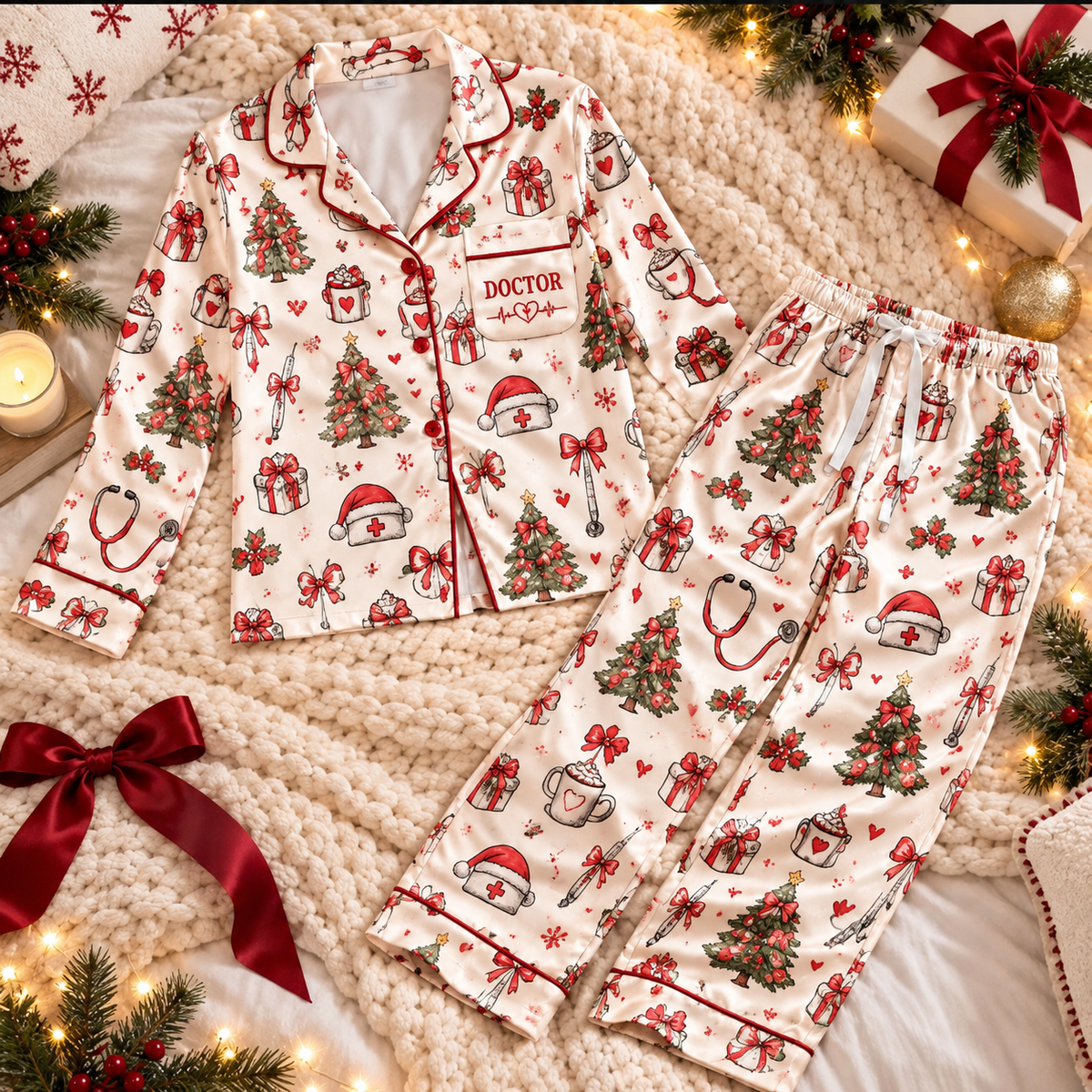 Doctor Christmas Satin Pajama Set, HG AI Christmas PJs Sets, Christmas Pajamas, Holiday Pajama Set, Family Long Sleeve