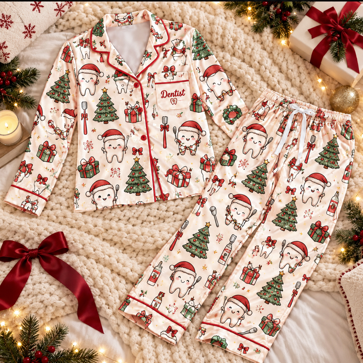 Dentist Christmas Satin Pajama Set, HG AI Christmas PJs Sets, Christmas Pajamas, Holiday Pajama Set, Family Long Sleeve
