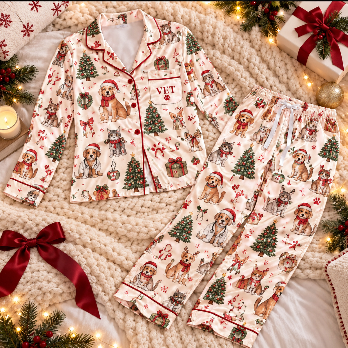 Veterinarian Christmas Satin Pajama Set, HG AI Christmas PJs Sets, Christmas Pajamas, Holiday Pajama Set, Family Long