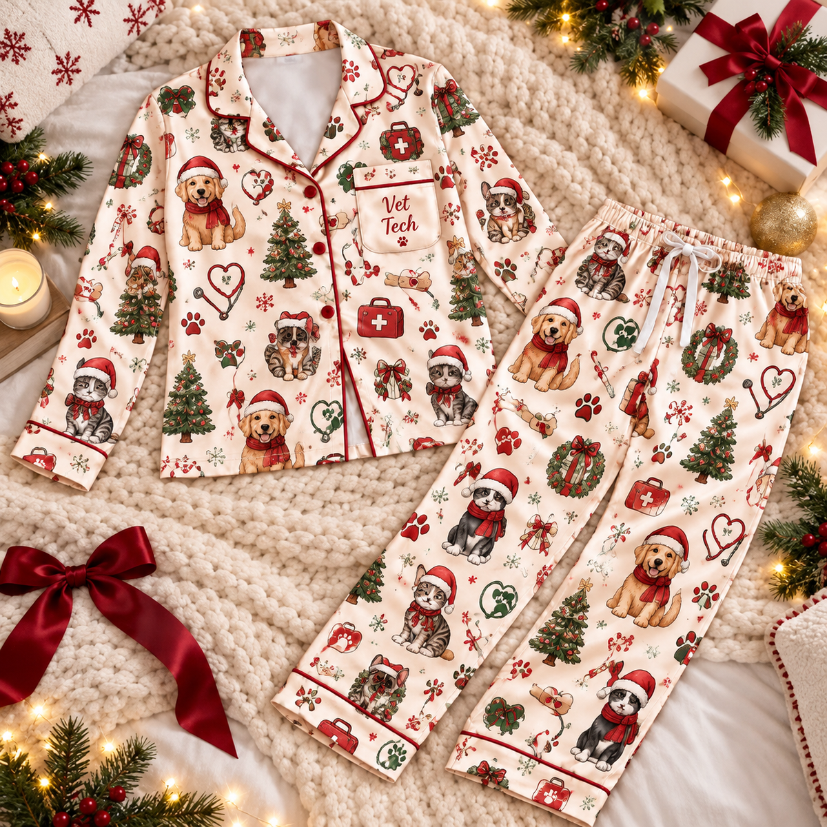 Veterinary Technician Christmas Satin Pajama Set, HG AI Christmas PJs Sets, Christmas Pajamas, Holiday Pajama Set