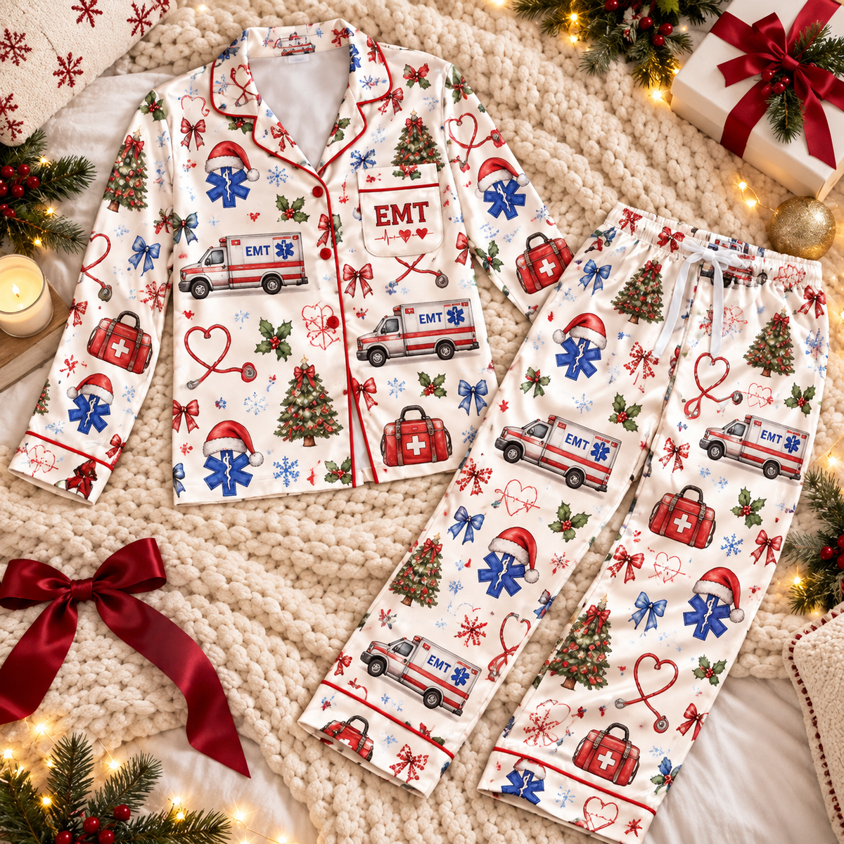 EMT Christmas Satin Pajama Set, HG AI Christmas PJs Sets, Christmas Pajamas, Holiday Pajama Set, Family Long Sleeve