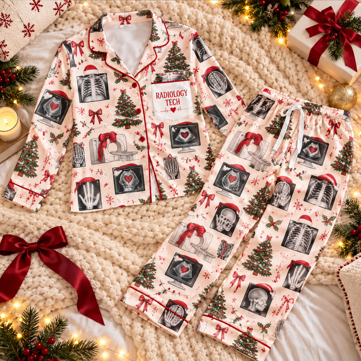 Radiology Tech Christmas Satin Pajama Set, HG AI Christmas PJs Sets, Christmas Pajamas, Holiday Pajama Set, Family Long