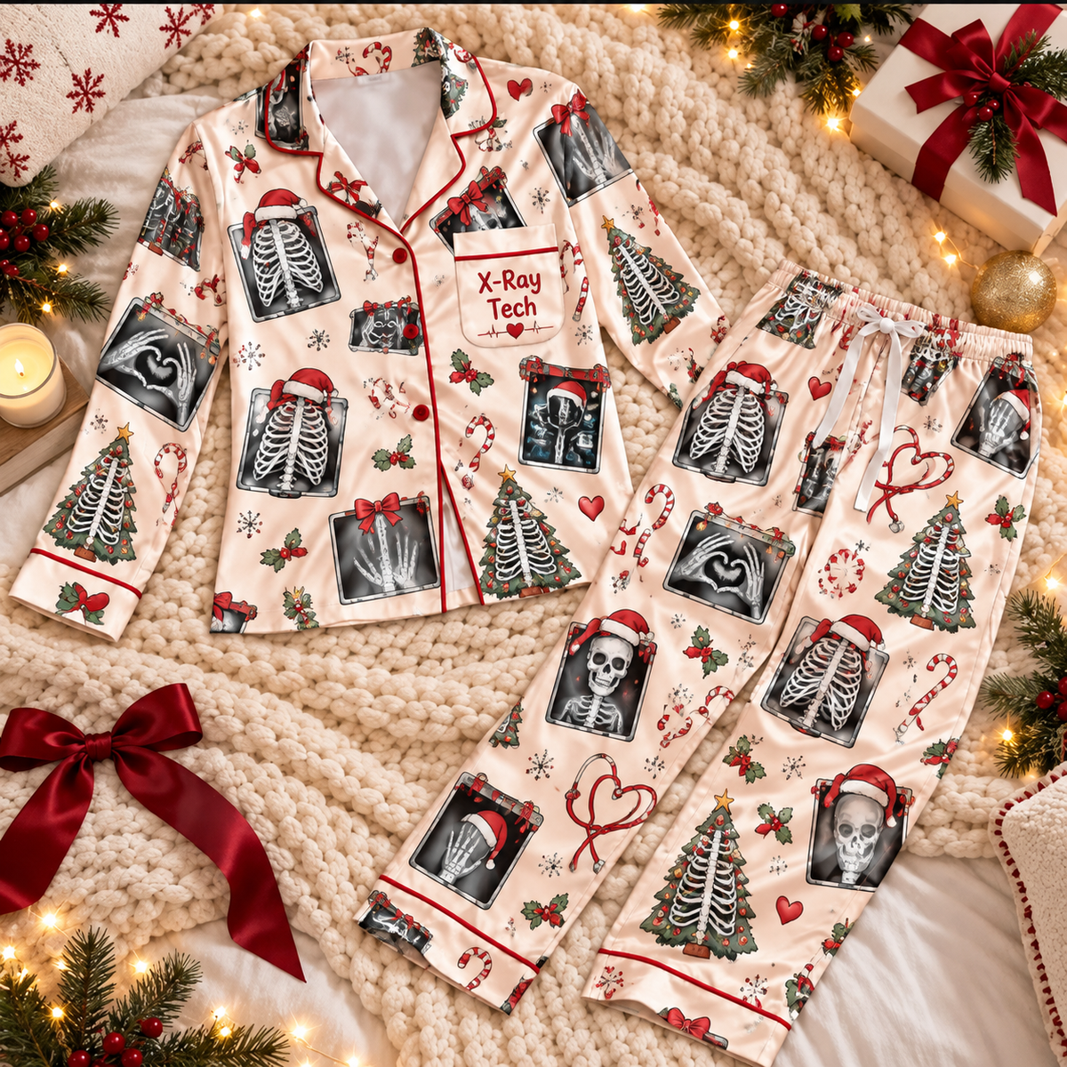 X-Ray Tech Christmas Satin Pajama Set, HG AI Christmas PJs Sets, Christmas Pajamas, Holiday Pajama Set, Family Long