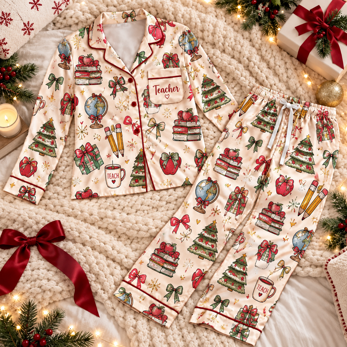 Teacher Christmas Satin Pajama Set, HG AI Christmas PJs Sets, Christmas Pajamas, Holiday Pajama Set, Family Long Sleeve