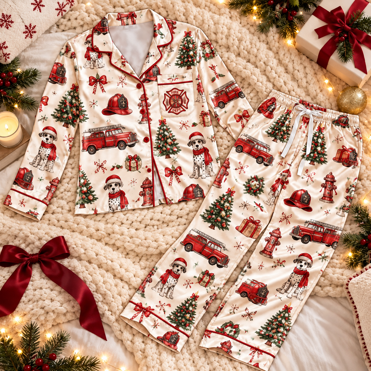 Firefighter Christmas Satin Pajama Set, HG AI Christmas PJs Sets, Christmas Pajamas, Holiday Pajama Set, Family Long