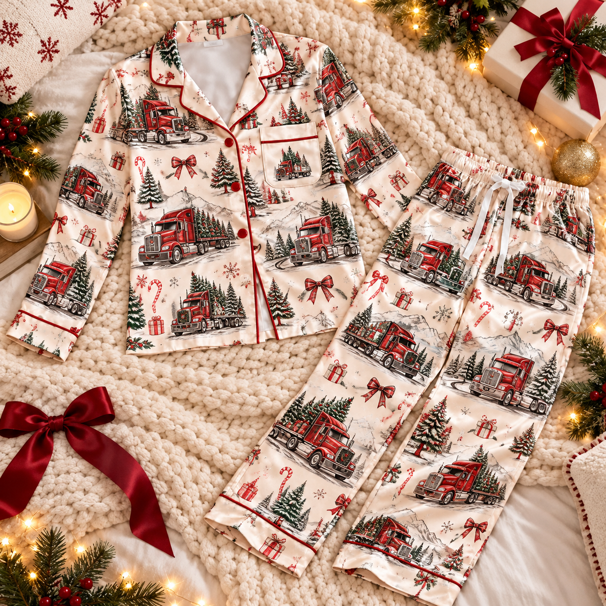 Trucker Christmas Satin Pajama Set, HG AI Christmas PJs Sets, Christmas Pajamas, Holiday Pajama Set, Family Long Sleeve