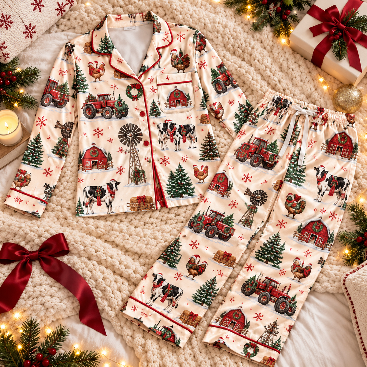 Farmer Christmas Satin Pajama Set, HG AI Christmas PJs Sets, Christmas Pajamas, Holiday Pajama Set, Family Long Sleeve
