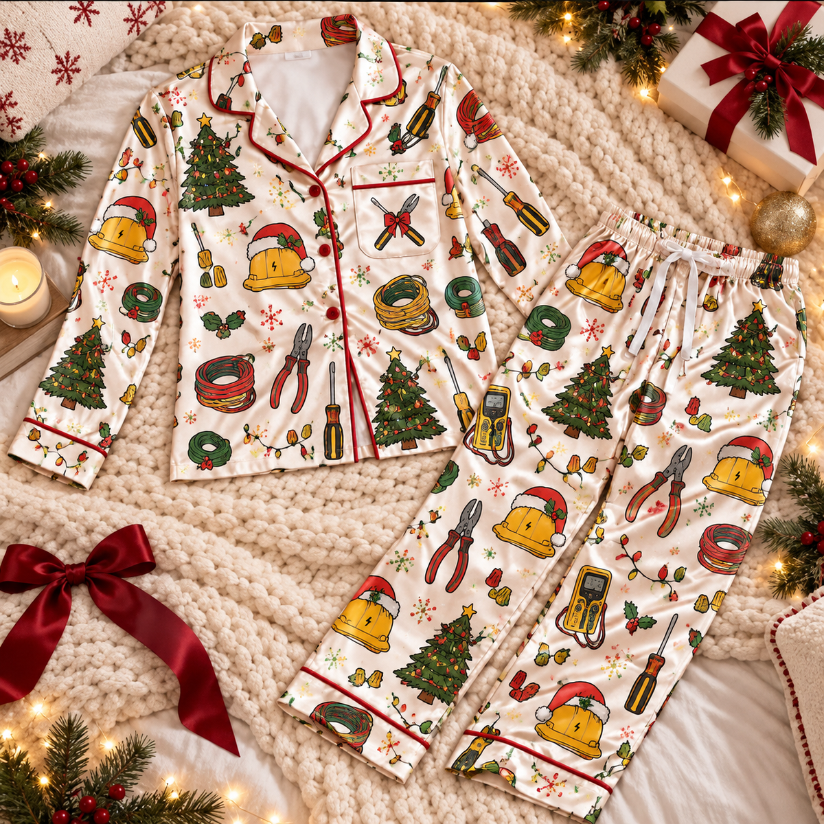 Electrician Christmas Satin Pajama Set, HG AI Christmas PJs Sets, Christmas Pajamas, Holiday Pajama Set, Family Long