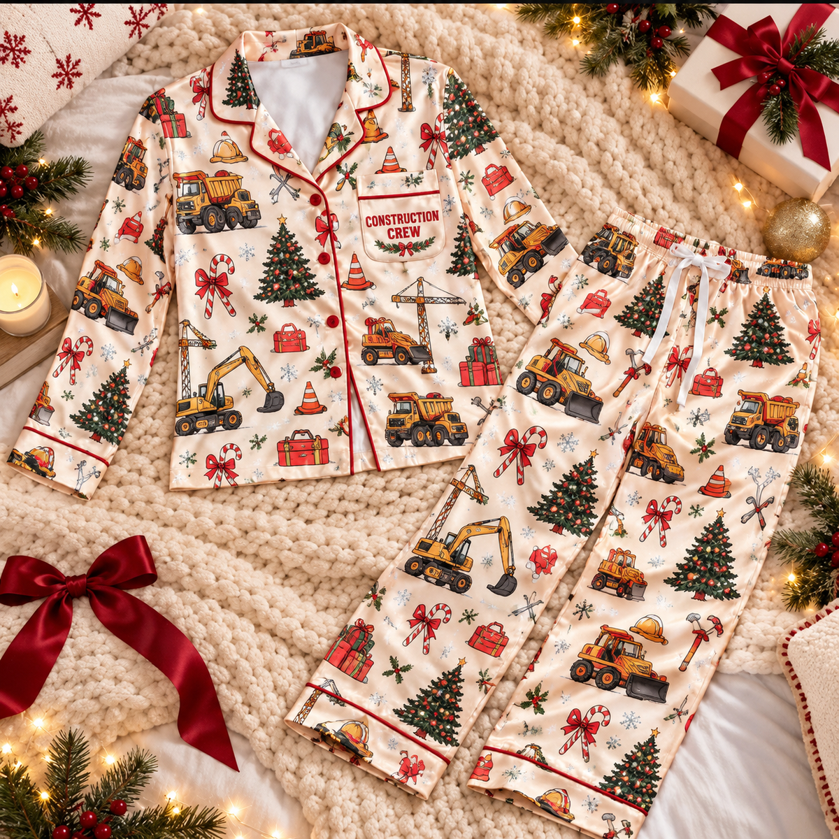 Construction Worker Christmas Satin Pajama Set, HG AI Christmas PJs Sets, Christmas Pajamas, Holiday Pajama Set, Family