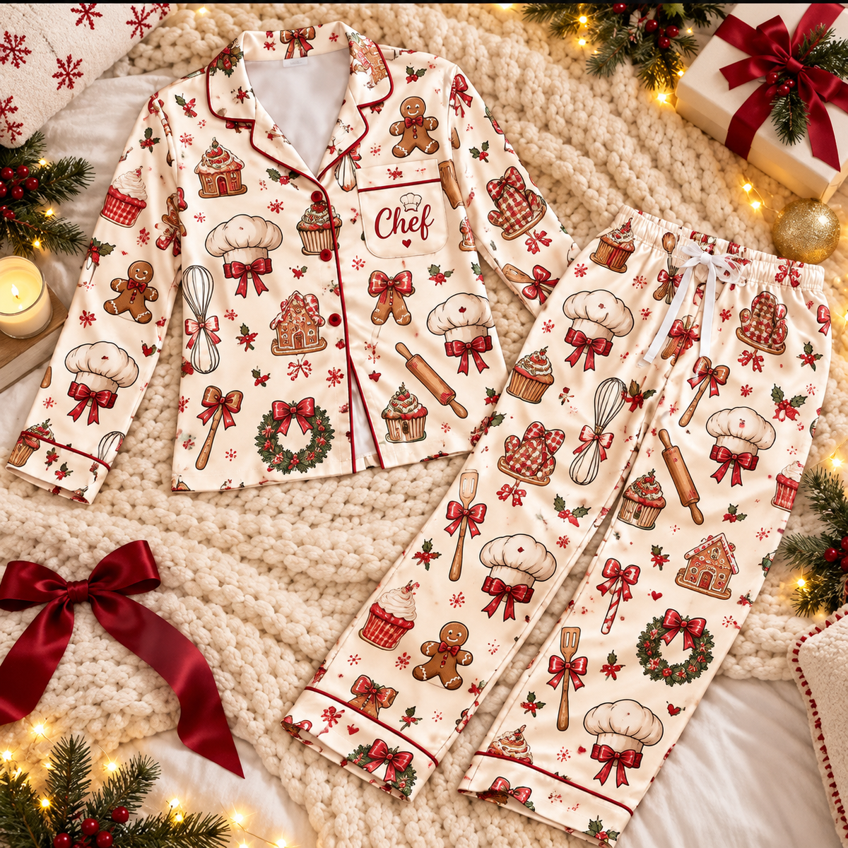 Chef Christmas Satin Pajama Set, HG AI Christmas PJs Sets, Christmas Pajamas, Holiday Pajama Set, Family Long Sleeve