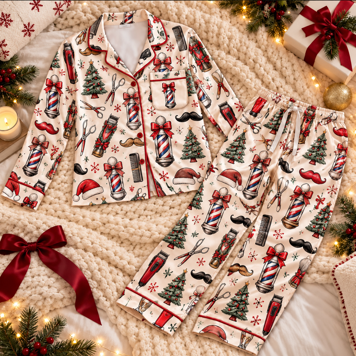 Barber Christmas Satin Pajama Set, HG AI Christmas PJs Sets, Christmas Pajamas, Holiday Pajama Set, Family Long Sleeve