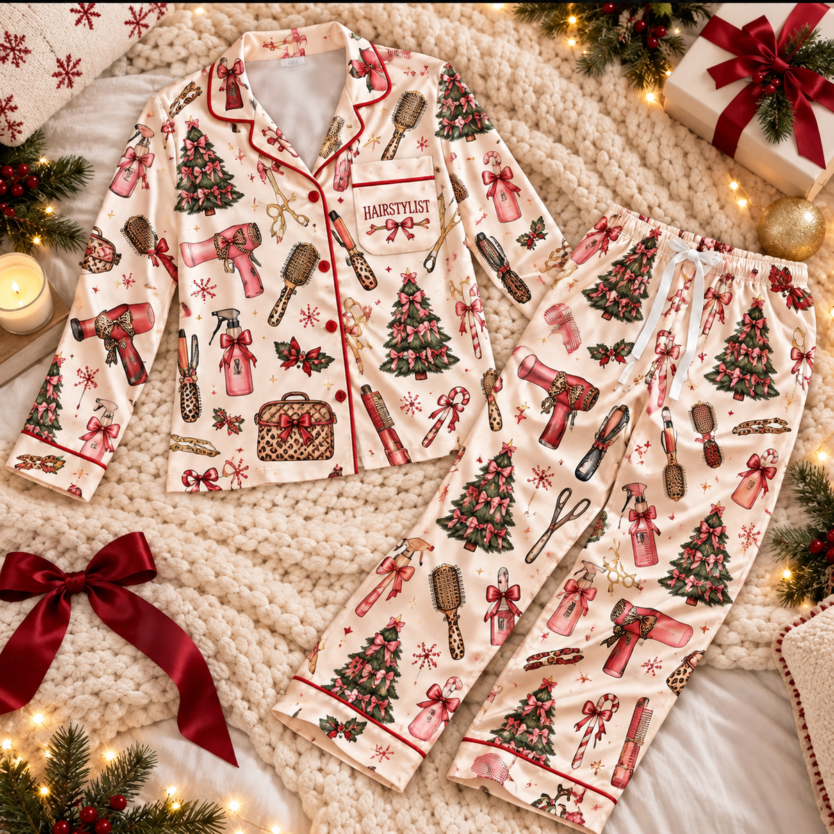 Hairstylist Christmas Satin Pajama Set, HG AI Christmas PJs Sets, Christmas Pajamas, Holiday Pajama Set, Family Long