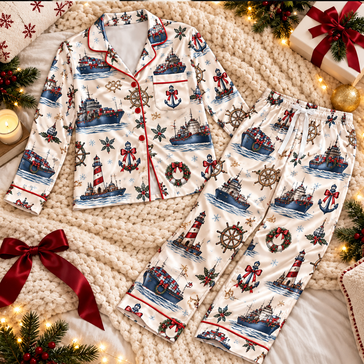 Merchant Marine Christmas Satin Pajama Set, HG AI Christmas PJs Sets, Christmas Pajamas, Holiday Pajama Set, Family Long