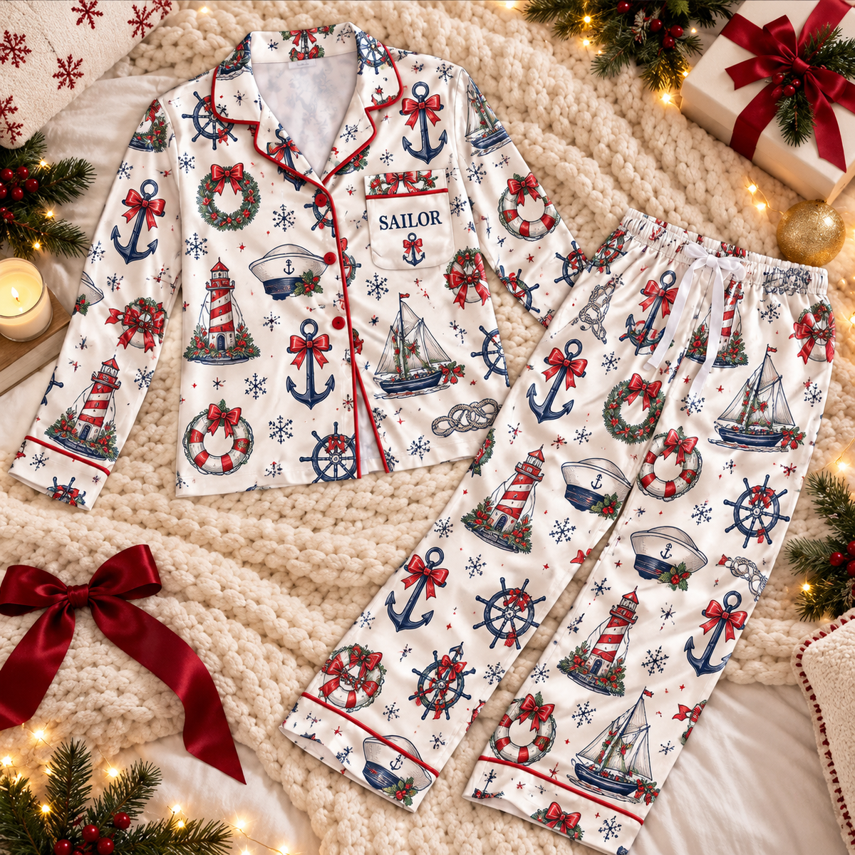 Sailor Christmas Satin Pajama Set, HG AI Christmas PJs Sets, Christmas Pajamas, Holiday Pajama Set, Family Long Sleeve