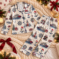 Ship Captain Christmas Satin Pajama Set, HG AI Christmas PJs Sets, Christmas Pajamas, Holiday Pajama Set, Family Long