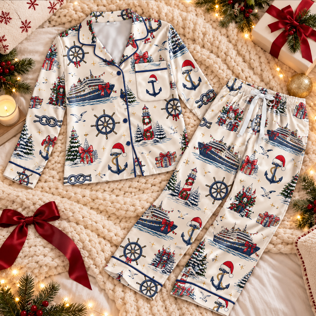 Ship Captain Christmas Satin Pajama Set, HG AI Christmas PJs Sets, Christmas Pajamas, Holiday Pajama Set, Family Long