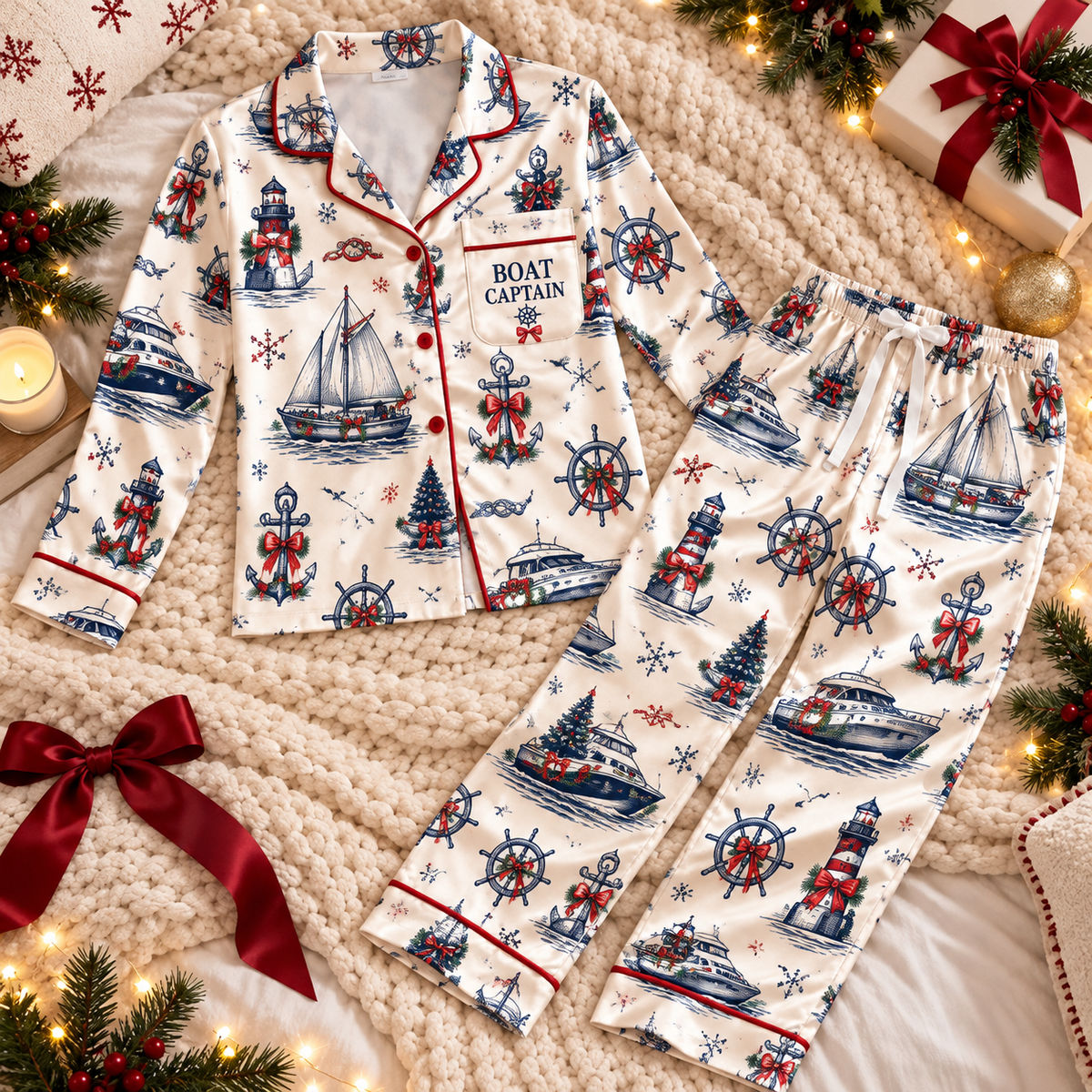 Boat Captain Christmas Satin Pajama Set, HG AI Christmas PJs Sets, Christmas Pajamas, Holiday Pajama Set, Family Long