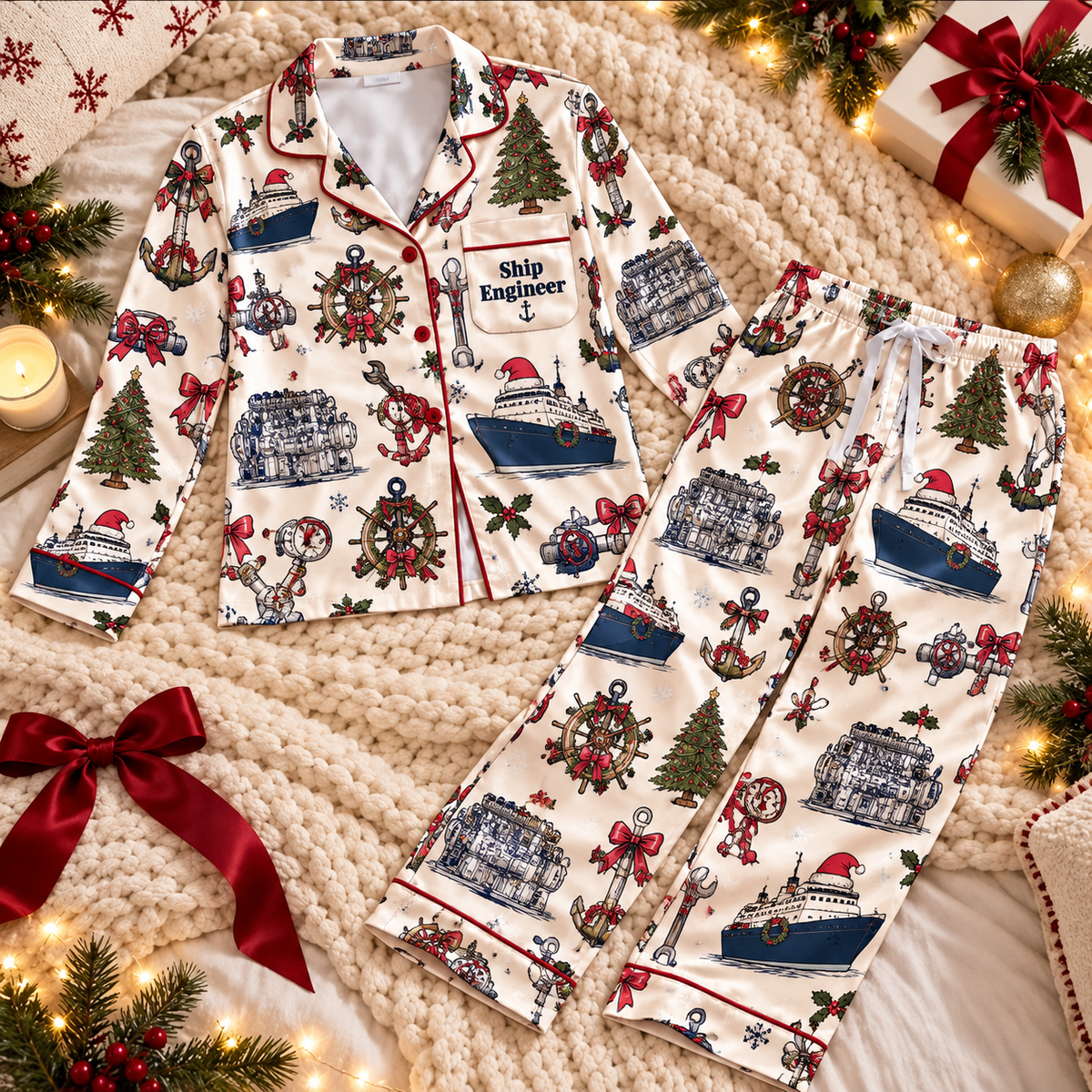 Ship Engineer Christmas Satin Pajama Set, HG AI Christmas PJs Sets, Christmas Pajamas, Holiday Pajama Set, Family Long