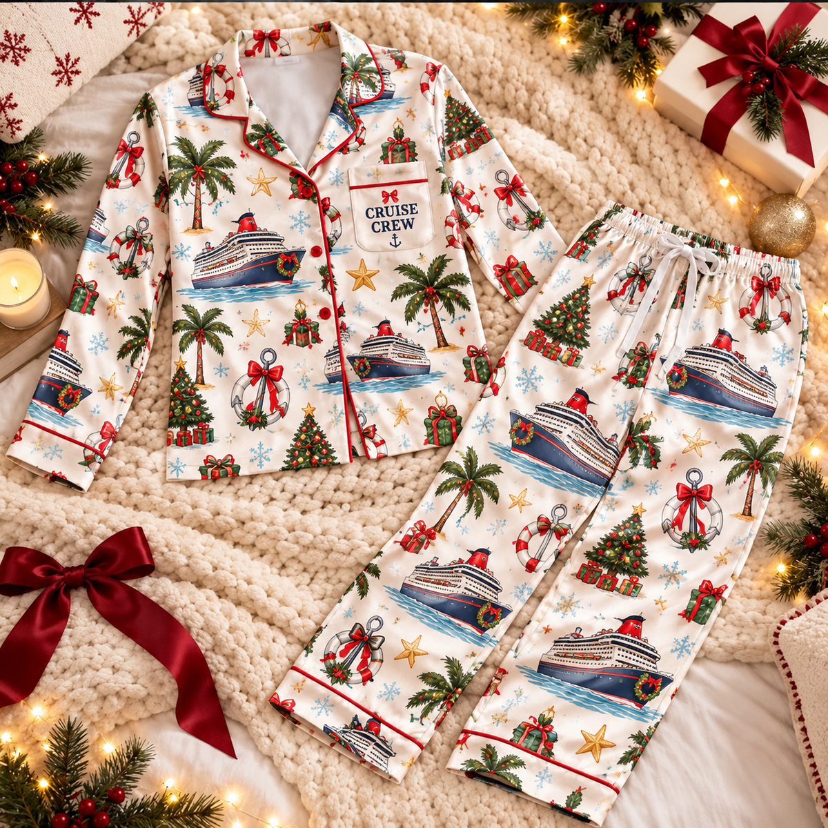 Cruise Ship Worker Christmas Satin Pajama Set, HG AI Christmas PJs Sets, Christmas Pajamas, Holiday Pajama Set, Family