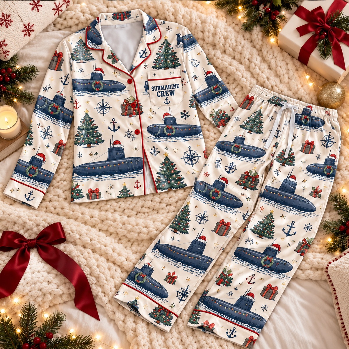 Submarine Crew Christmas Satin Pajama Set, HG AI Christmas PJs Sets, Christmas Pajamas, Holiday Pajama Set, Family Long