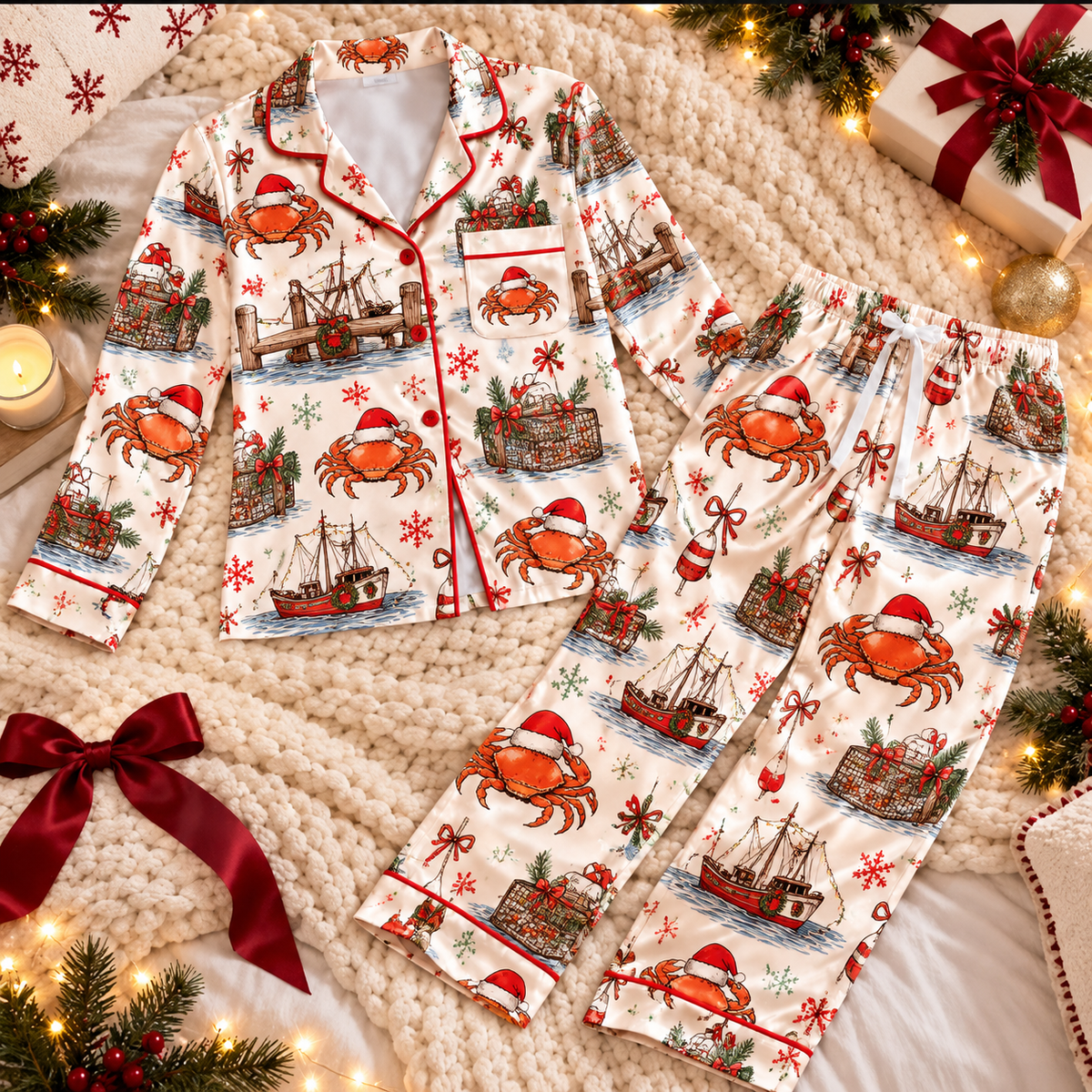 Crab Fisherman Christmas Satin Pajama Set, HG AI Christmas PJs Sets, Christmas Pajamas, Holiday Pajama Set, Family Long