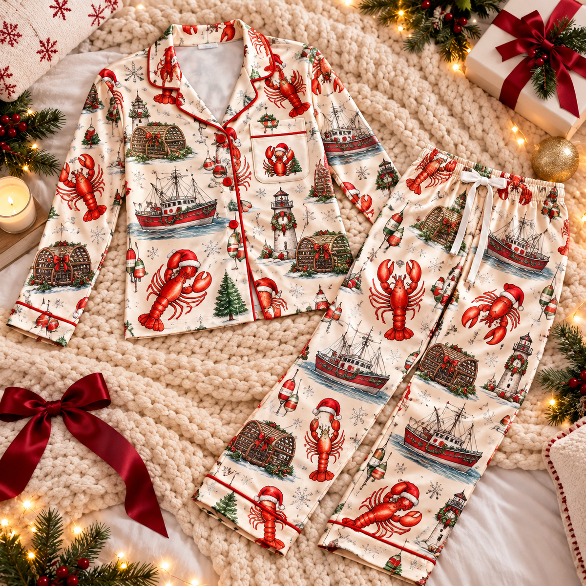 Lobster Fisherman Christmas Satin Pajama Set, HG AI Christmas PJs Sets, Christmas Pajamas, Holiday Pajama Set, Family