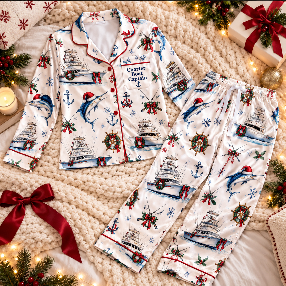 Charter Boat Captain Christmas Satin Pajama Set, HG AI Christmas PJs Sets, Christmas Pajamas, Holiday Pajama Set, Family