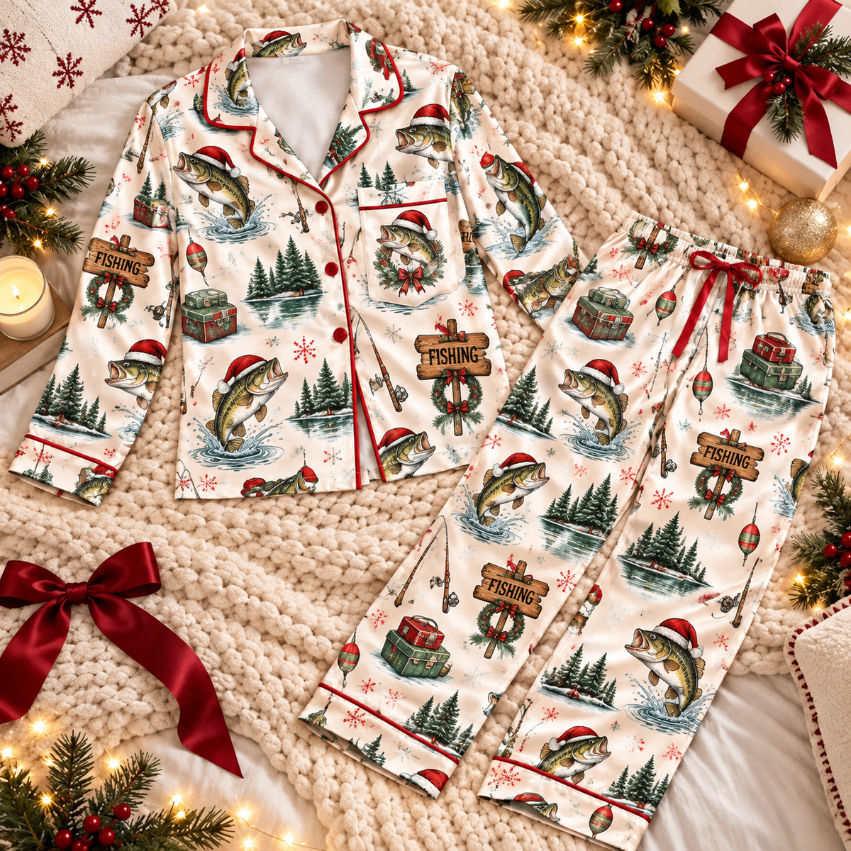 Fishing Christmas Satin Pajama Set, HG AI Christmas PJs Sets, Christmas Pajamas, Holiday Pajama Set, Family Long Sleeve