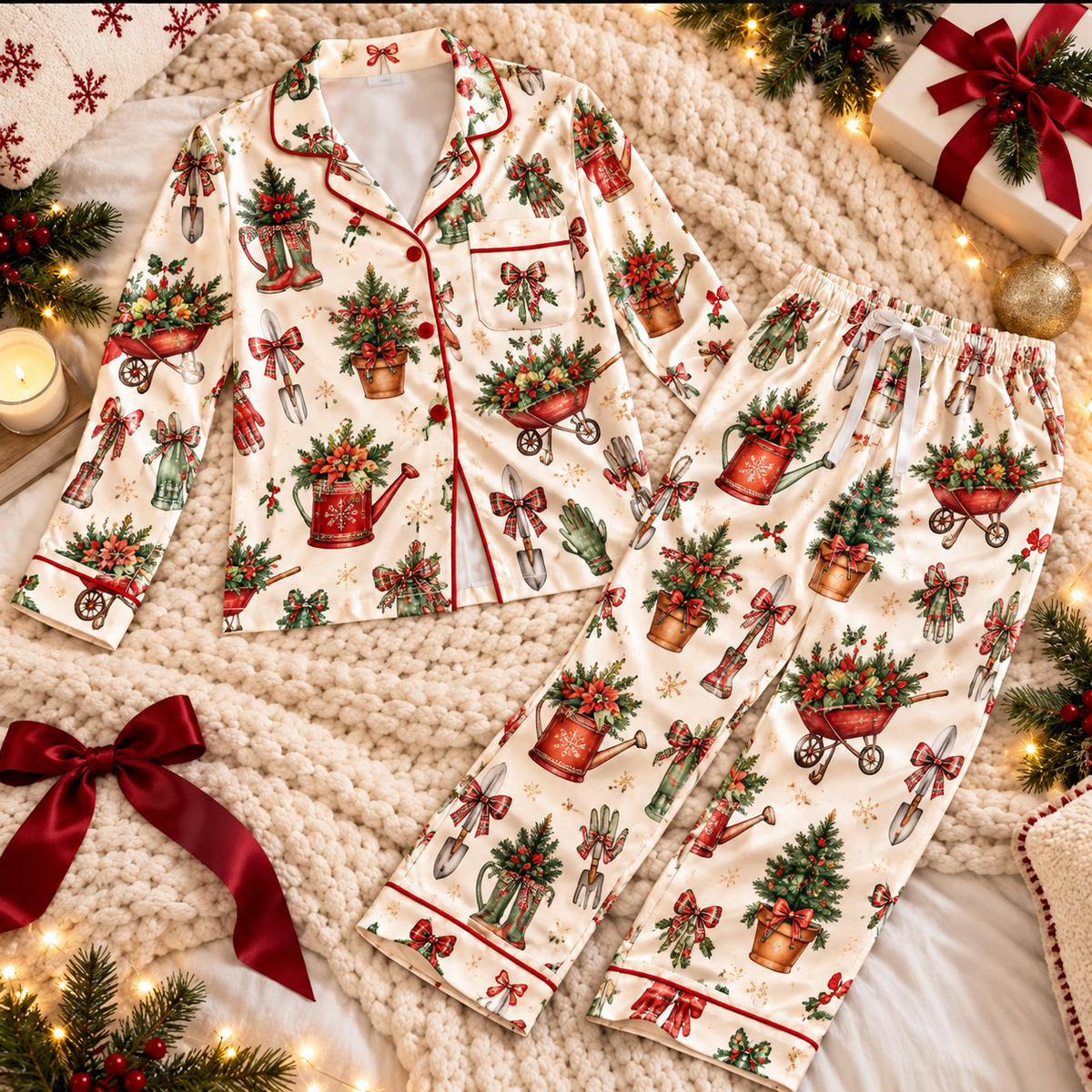 Gardening Christmas Satin Pajama Set, HG AI Christmas PJs Sets, Christmas Pajamas, Holiday Pajama Set, Family Long