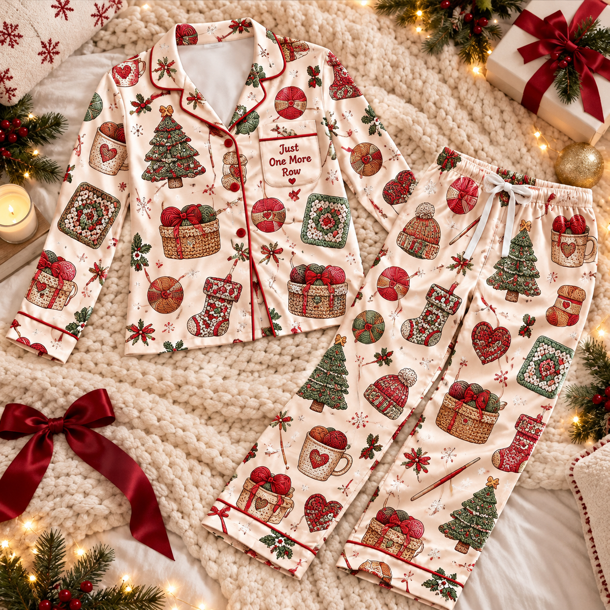 Crocheting Christmas Satin Pajama Set, HG AI Christmas PJs Sets, Christmas Pajamas, Holiday Pajama Set, Family Long