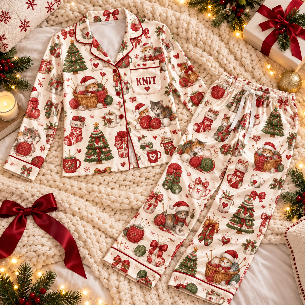 Knitting Christmas Satin Pajama Set, HG AI Christmas PJs Sets, Christmas Pajamas, Holiday Pajama Set, Family Long Sleeve