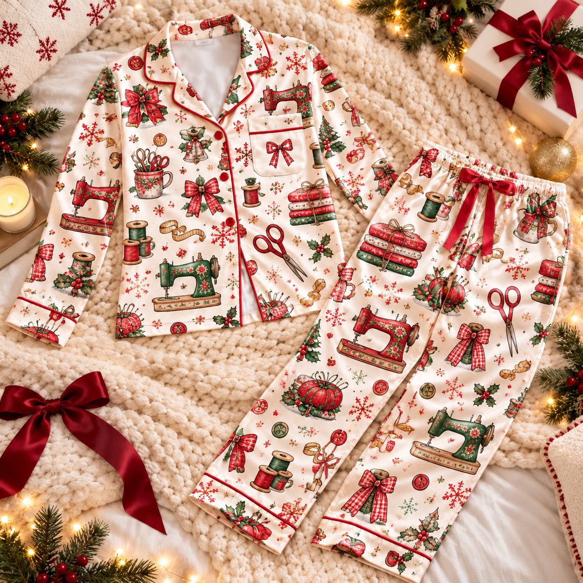 Sewing Christmas Satin Pajama Set, HG AI Christmas PJs Sets, Christmas Pajamas, Holiday Pajama Set, Family Long Sleeve