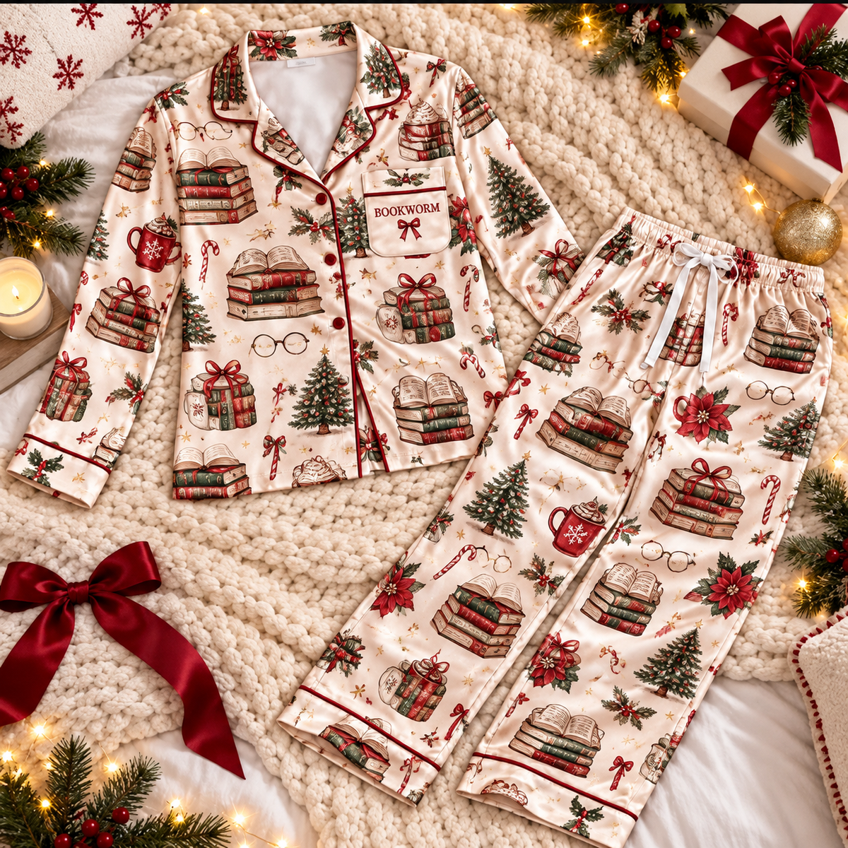 Reading Christmas Satin Pajama Set, HG AI Christmas PJs Sets, Christmas Pajamas, Holiday Pajama Set, Family Long Sleeve