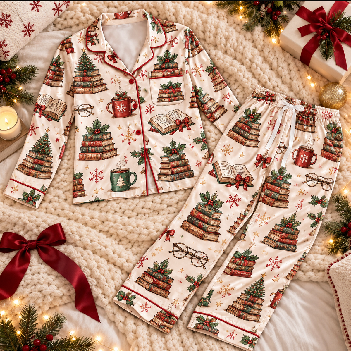 Book Lover Christmas Satin Pajama Set, HG AI Christmas PJs Sets, Christmas Pajamas, Holiday Pajama Set, Family Long