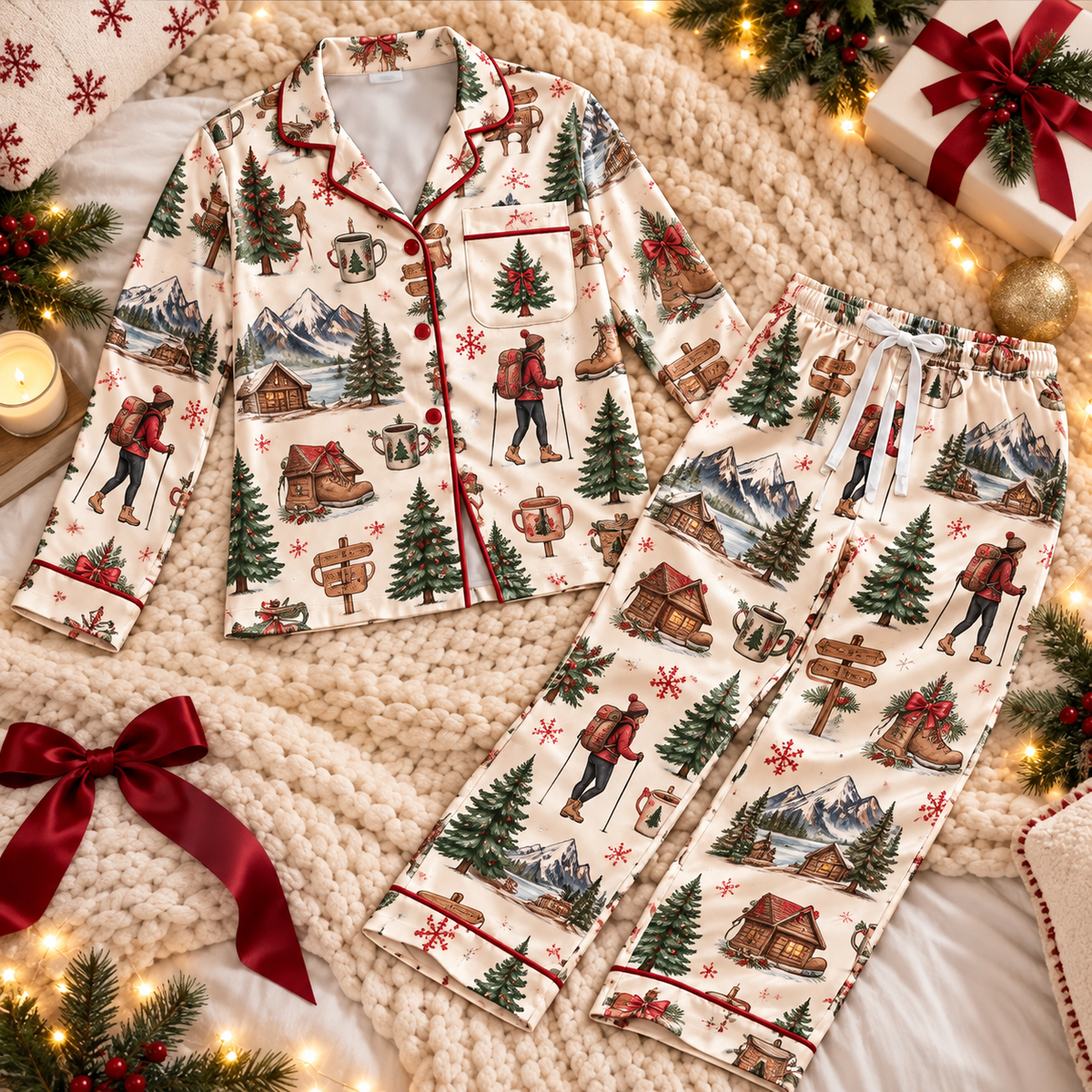 Hiking Christmas Satin Pajama Set, HG AI Christmas PJs Sets, Christmas Pajamas, Holiday Pajama Set, Family Long Sleeve