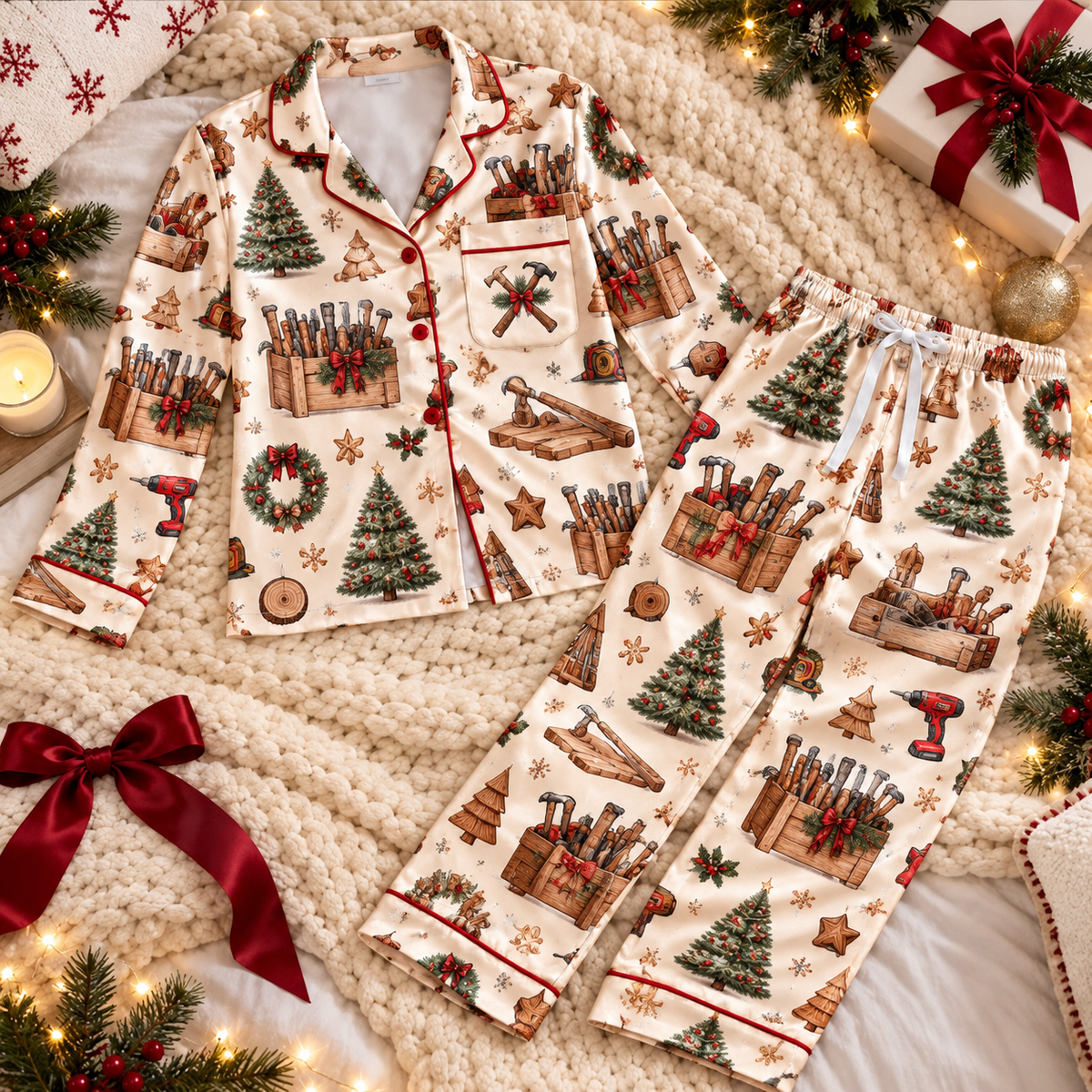 Woodworking Christmas Satin Pajama Set, HG AI Christmas PJs Sets, Christmas Pajamas, Holiday Pajama Set, Family Long