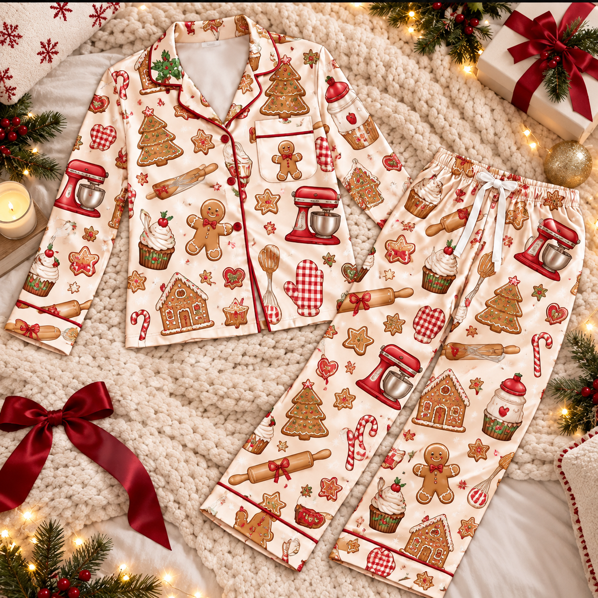 Baking Christmas Satin Pajama Set, HG AI Christmas PJs Sets, Christmas Pajamas, Holiday Pajama Set, Family Long Sleeve