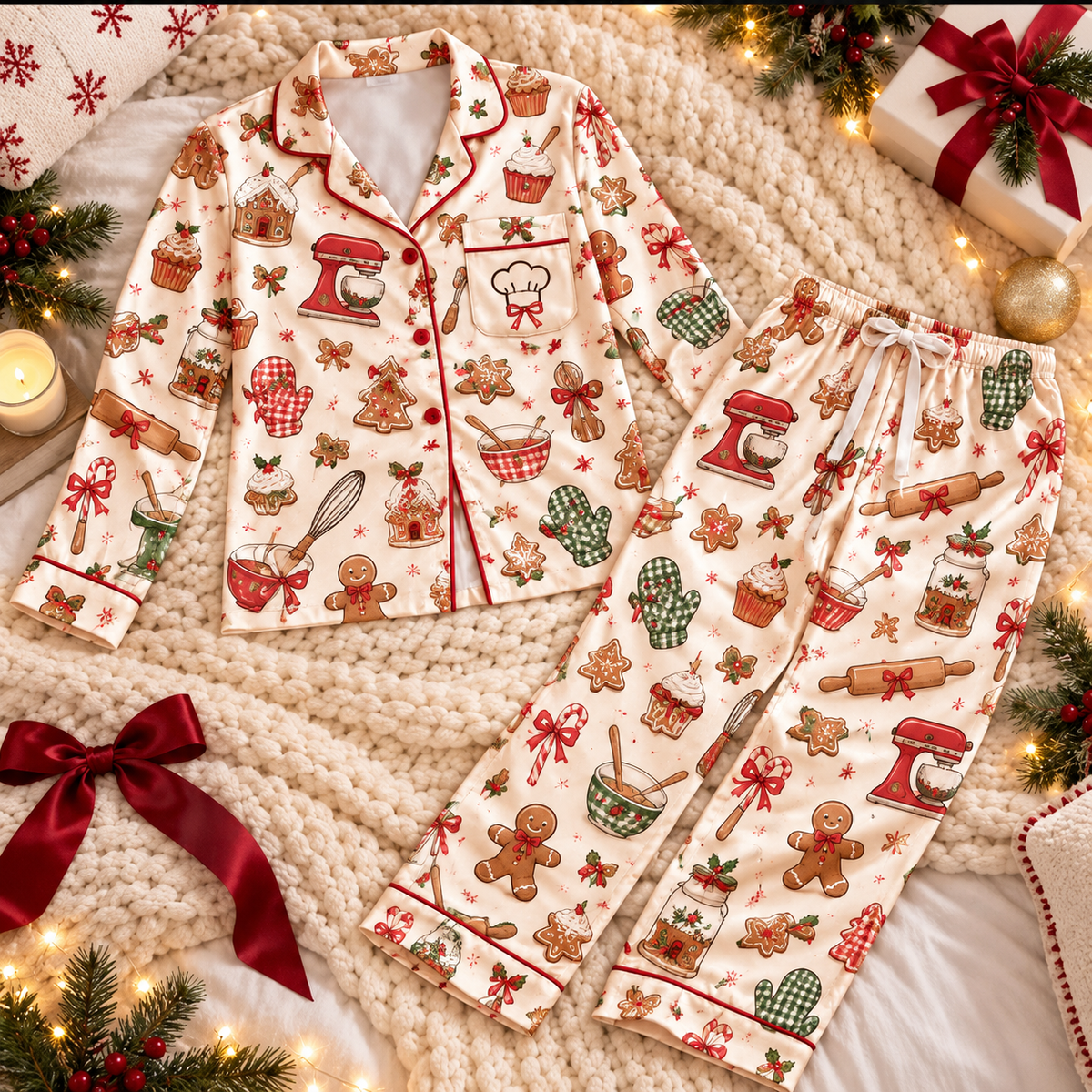 Cooking Christmas Satin Pajama Set, HG AI Christmas PJs Sets, Christmas Pajamas, Holiday Pajama Set, Family Long Sleeve