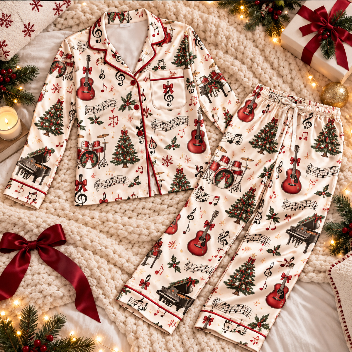 Music Lover Christmas Satin Pajama Set, HG AI Christmas PJs Sets, Christmas Pajamas, Holiday Pajama Set, Family Long