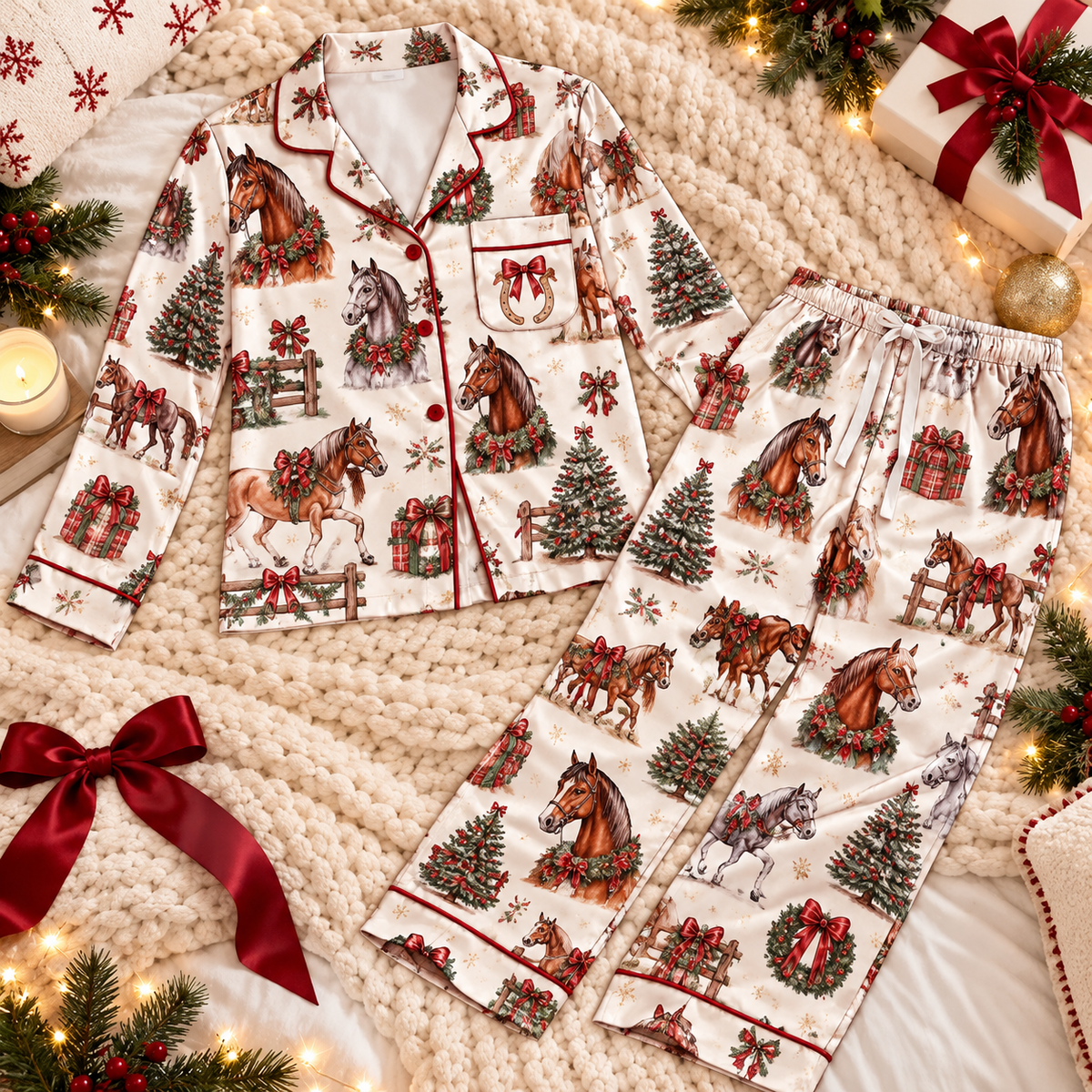 Horse Lover Christmas Satin Pajama Set, HG AI Christmas PJs Sets, Christmas Pajamas, Holiday Pajama Set, Family Long