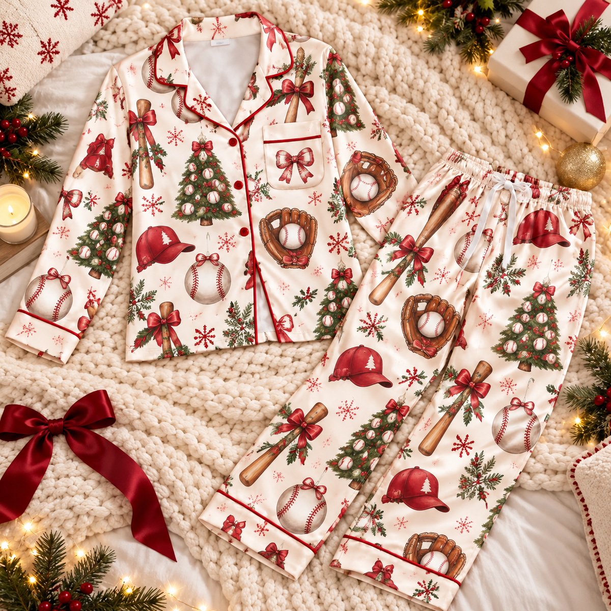 Baseball Christmas Satin Pajama Set, HG AI Christmas PJs Sets, Christmas Pajamas, Holiday Pajama Set, Family Long Sleeve