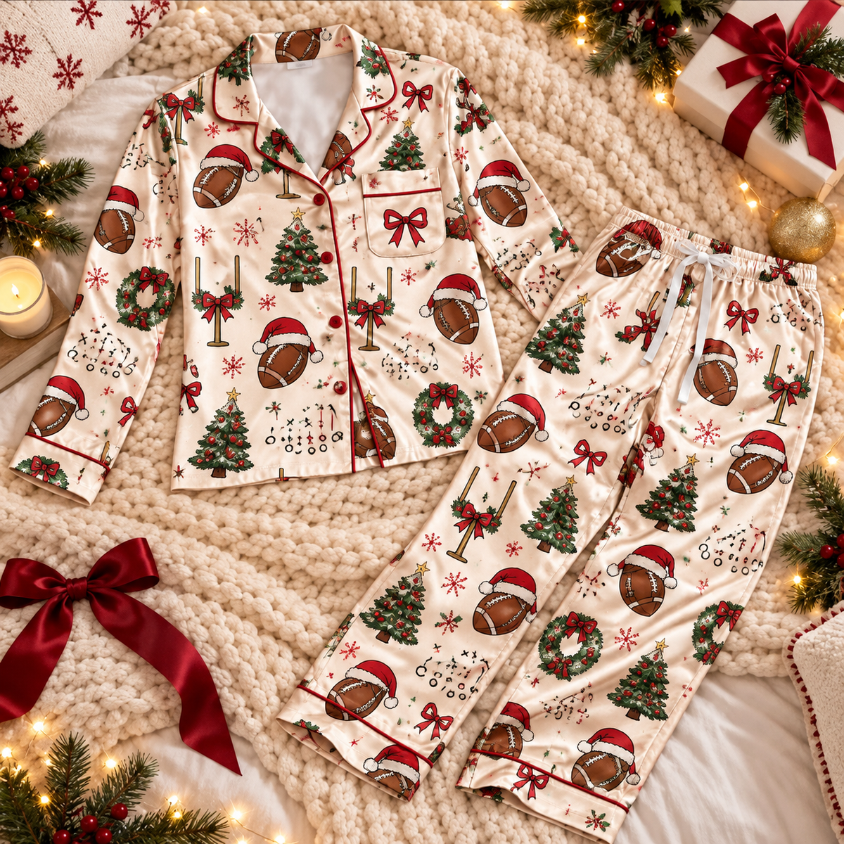 Football Christmas Satin Pajama Set, HG AI Christmas PJs Sets, Christmas Pajamas, Holiday Pajama Set, Family Long Sleeve