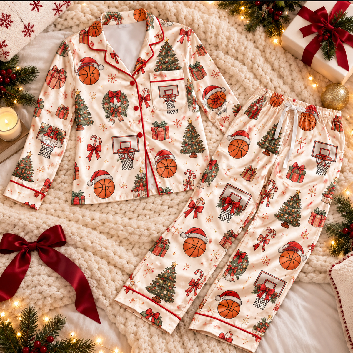 Basketball Christmas Satin Pajama Set, HG AI Christmas PJs Sets, Christmas Pajamas, Holiday Pajama Set, Family Long