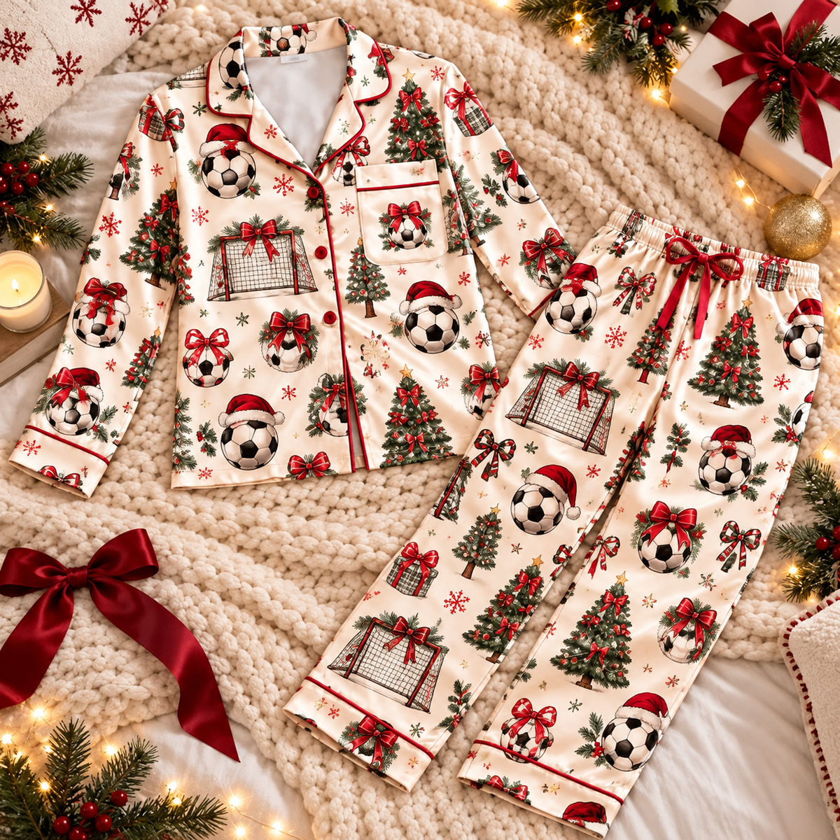 Soccer Christmas Satin Pajama Set, HG AI Christmas PJs Sets, Christmas Pajamas, Holiday Pajama Set, Family Long Sleeve